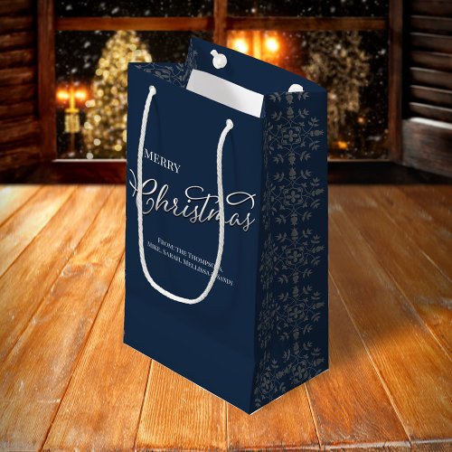 Merry Christmas Calligraphy Navy Blue Snowflake Small Gift Bag