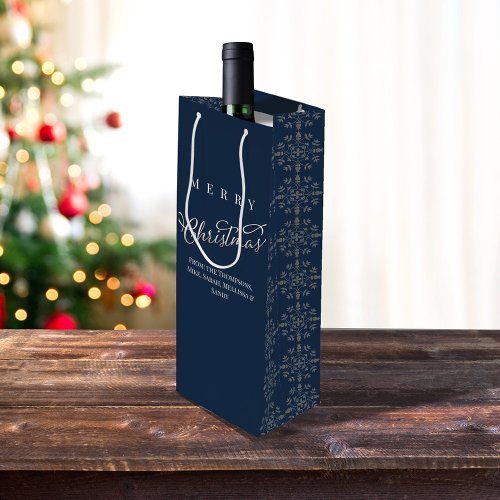 Merry Christmas Calligraphy Navy Blue Snowflake Wine Gift Bag