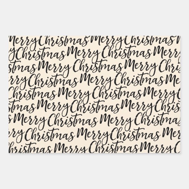 Merry Christmas Calligraphy Pattern Black Cream Wrapping Paper Sheets (Front)