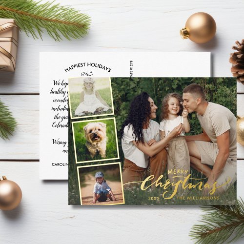 Merry Christmas Calligraphy Photo Collage Gold Foil Holiday Postcard