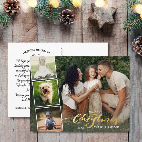 Merry Christmas Calligraphy Photo Collage Gold Foil Holiday Postcard