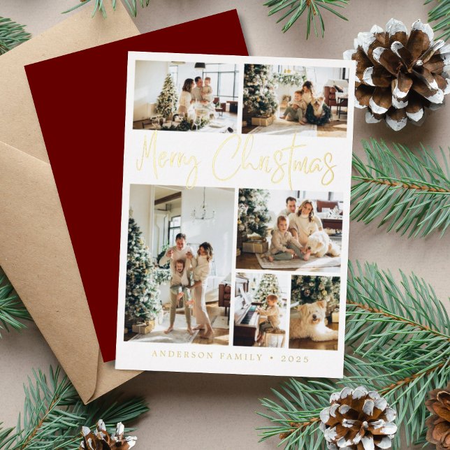 Merry Christmas Calligraphy Photo Gold Foil Holiday Card (Creator Uploaded)