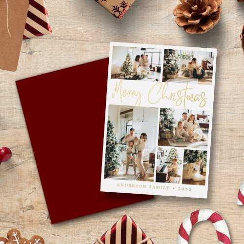 Merry Christmas Calligraphy Photo Gold Foil Holiday Card