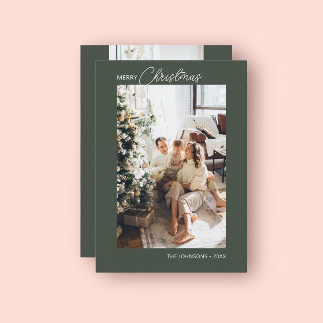 Merry Christmas Calligraphy Photo Green Holiday Card (Creator Uploaded)