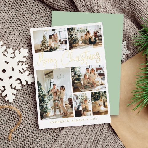Merry Christmas Calligraphy Photo Sage Green Gold Foil Holiday Card