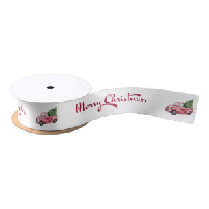 Merry Christmas Calligraphy Red Christmas Truck Satin Ribbon