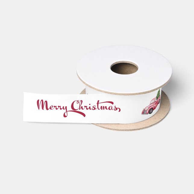 Merry Christmas Calligraphy Red Christmas Truck Satin Ribbon (Spool)