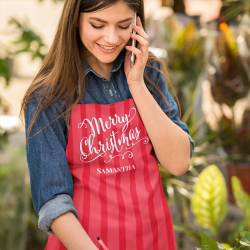 Merry Christmas Calligraphy Red Cute Striped Fun Apron