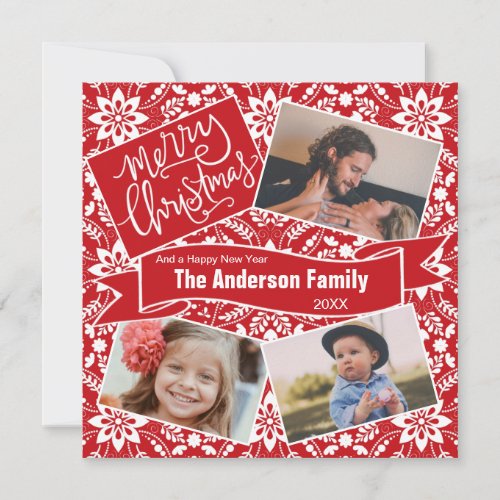 Merry Christmas Calligraphy Red Folk Floral Photo Holiday Card