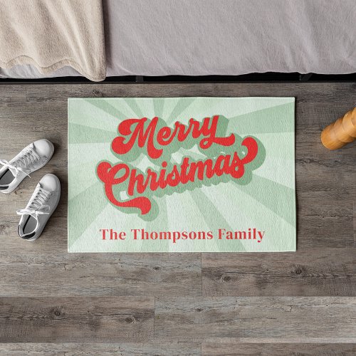 Merry Christmas Calligraphy Red Green Whimsical  Doormat