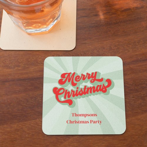 Merry Christmas Calligraphy Red Green Whimsical  Square Paper Coaster