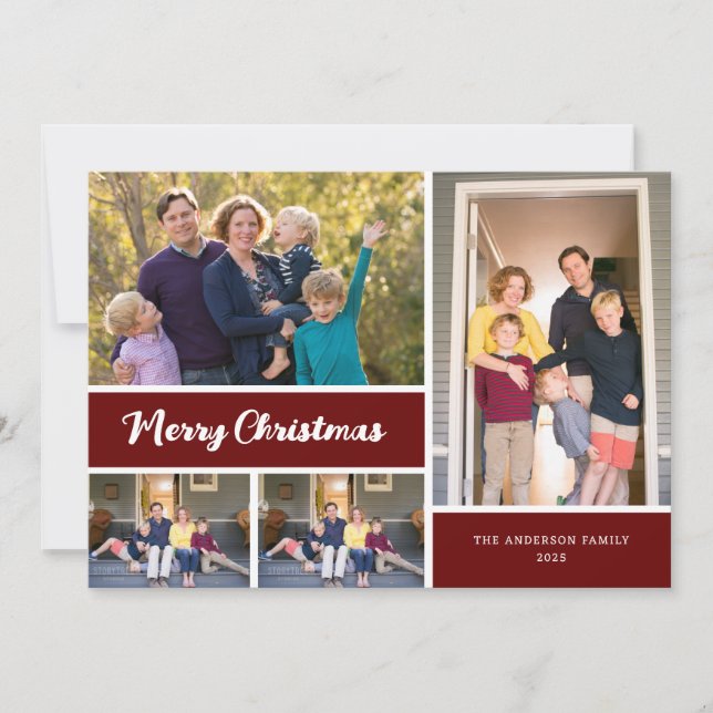 Merry Christmas Calligraphy Red Photo Collage Holiday Card (Front)