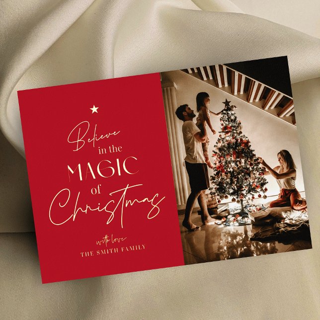 Merry Christmas Calligraphy Red Photo Foil Card (Family photo Christmas greeting card in red and gold foil)