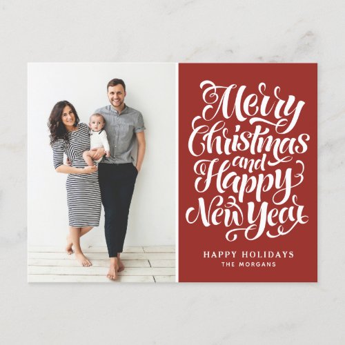 Merry Christmas Calligraphy Red Photo Holiday Postcard