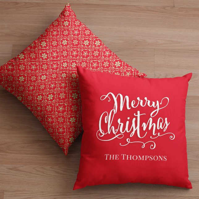Merry Christmas Calligraphy Red Snowflake Holiday  Throw Pillow (Merry Christmas calligraphy script red snowflake throw pillow)