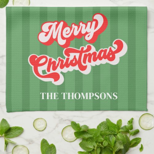 Merry Christmas Calligraphy Retro Style Red Green  Kitchen Towel