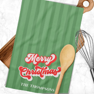 Merry Christmas Calligraphy Retro Style Red Green Kitchen Towel
