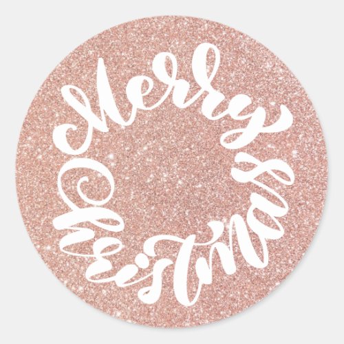 Merry Christmas Calligraphy Rose Gold Glitter Classic Round Sticker