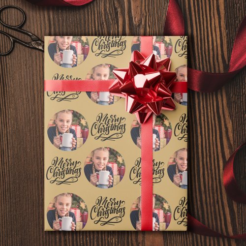 Merry Christmas Calligraphy Round Photo Gold Wrapping Paper