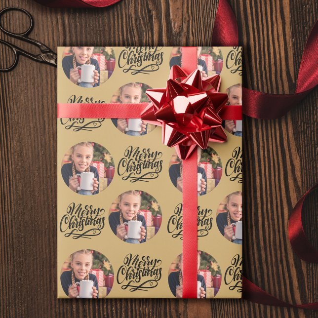 Merry Christmas Calligraphy Round Photo Gold Wrapping Paper (Creator Uploaded)