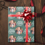 Merry Christmas Calligraphy Round Photo Green Wrapping Paper<br><div class="desc">Photo wrapping paper, personalized with your picture and hand lettered with Merry Christmas in brushed calligraphy. The photo template is set up to display your picture in a round shape. If you have any problems with picture placement, try cropping your photo to a square and re-uploading it. The background color...</div>