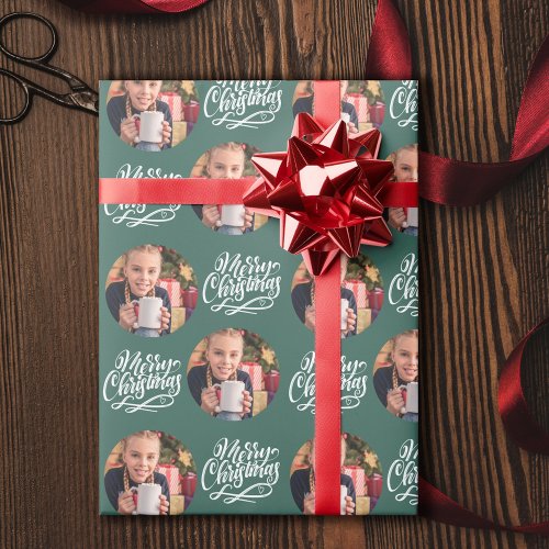 Merry Christmas Calligraphy Round Photo Green Wrapping Paper