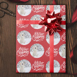 Merry Christmas Calligraphy Round Photo Red Wrapping Paper<br><div class="desc">Photo wrapping paper, personalized with your picture and hand lettered with Merry Christmas in brushed calligraphy. The photo template is set up to display your picture in a round shape. If you have any problems with picture placement, try cropping your photo to a square and re-uploading it. The background color...</div>