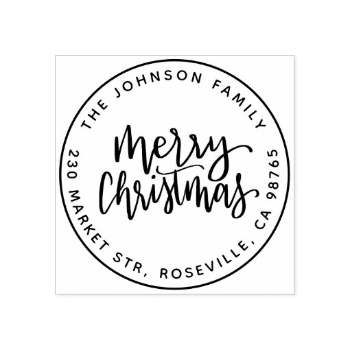 Merry Christmas Calligraphy Round Return Address Rubber Stamp | Zazzle