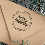 Merry Christmas Calligraphy Round Return Address Rubber Stamp<br><div class="desc">The perfect addition to your holiday mail! The Merry Christmas Calligraphy Round Return Address stamper features hand-lettered script calligraphy, round typography, and a circle border. A classic design with a modern twist! Add your custom wording by clicking on "Personalize this template". For more advanced changes (like fonts and placement), select...</div>
