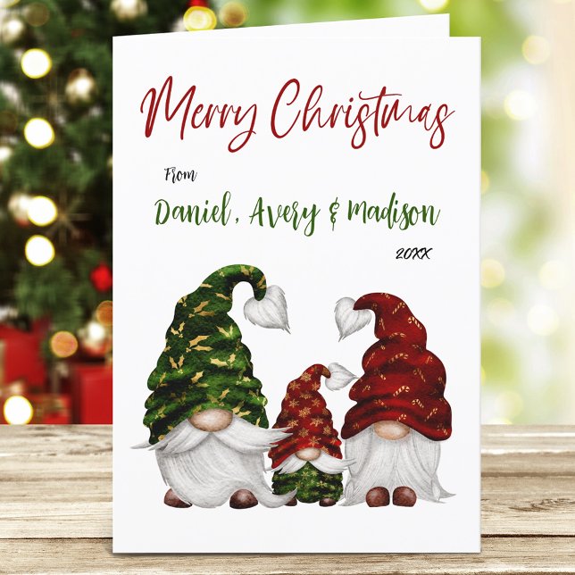 Merry Christmas Calligraphy Rustic Gnome Family Holiday Card (Available in high quality print or digital download for quick text messaging, email or self print.)