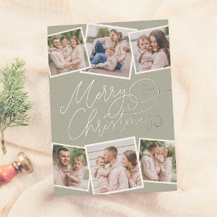 Merry Christmas Calligraphy Sage Green 6 Photos Foil Holiday Card