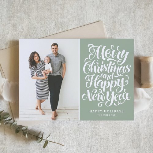 Merry Christmas Calligraphy Sage Green Photo Holiday Card