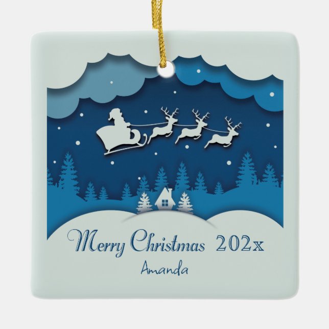 Merry Christmas Calligraphy Santa Sleigh Reindeer Ceramic Ornament (Front)