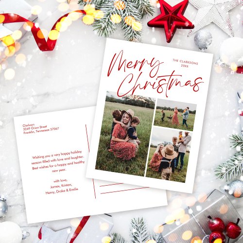 Merry Christmas Calligraphy Script 3 Photo Holiday Postcard