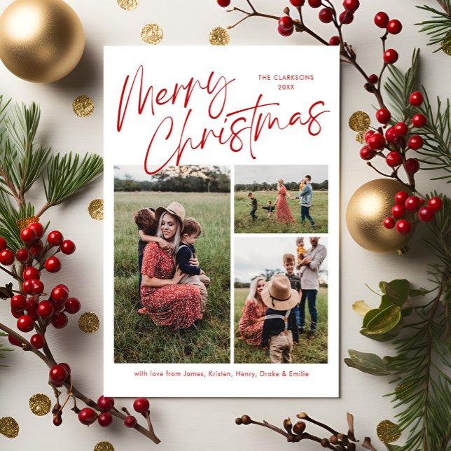 Merry Christmas Calligraphy Script 3 Photo Plaid Holiday Card (Creator Uploaded)