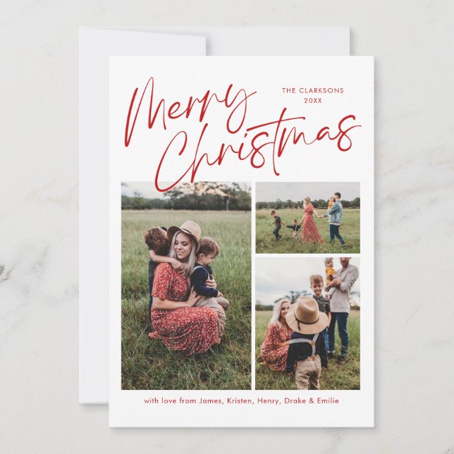 Merry Christmas Calligraphy Script 3 Photo Plaid Holiday Card (Front)