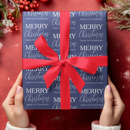 Merry Christmas Calligraphy Script Blue Whimsical  Wrapping Paper