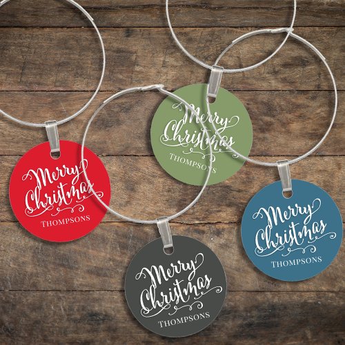 Merry Christmas Calligraphy Script Colorful Whimsy Wine Charm
