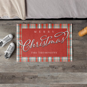 Merry Christmas Calligraphy Script Cute Red Plaid Doormat