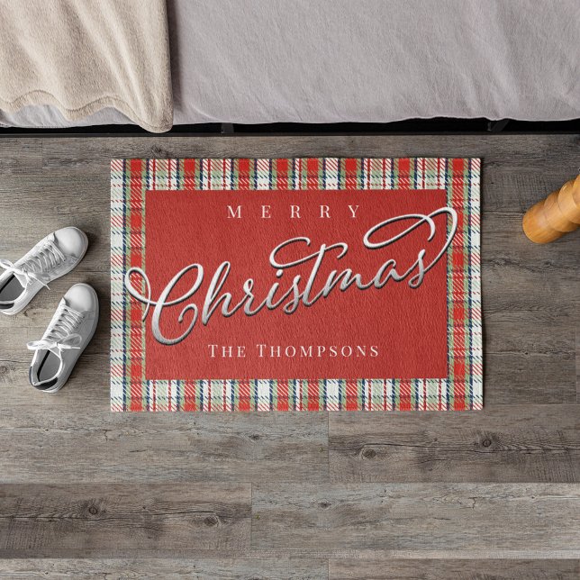Merry Christmas Calligraphy Script Cute Red Plaid Doormat (Merry Christmas classic red and green holiday plaid pattern doormat. )