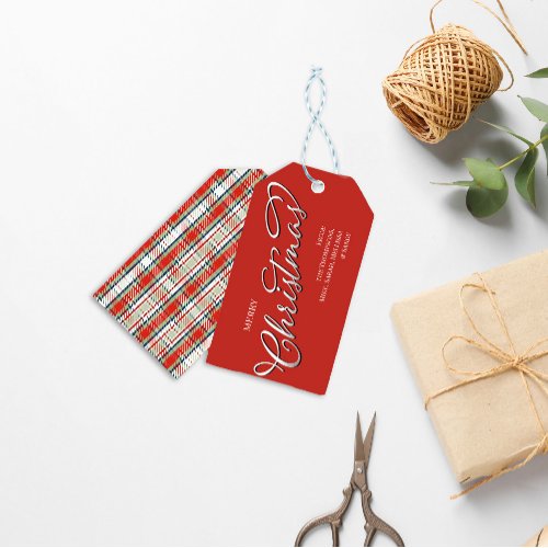 Merry Christmas Calligraphy Script Cute Red Plaid  Gift Tags