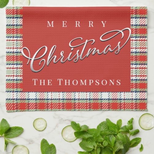 Merry Christmas Calligraphy Script Cute Red Plaid  Kitchen Towel