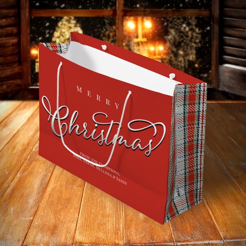 Merry Christmas Calligraphy Script Cute Red Plaid Large Gift Bag