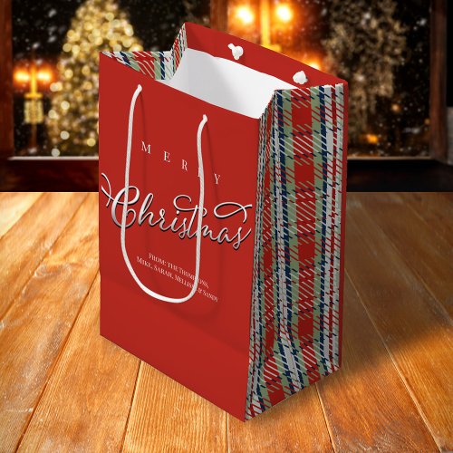 Merry Christmas Calligraphy Script Cute Red Plaid Medium Gift Bag