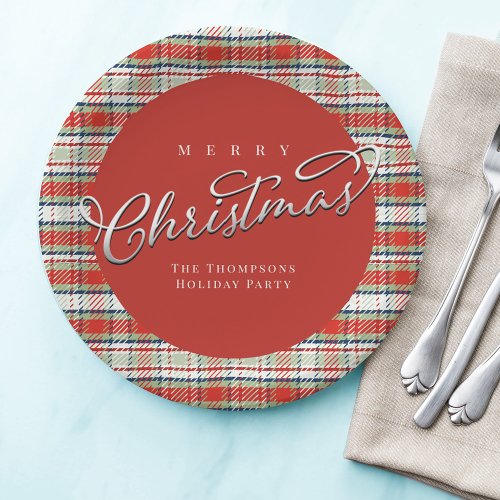 Merry Christmas Calligraphy Script Cute Red Plaid Paper Plates