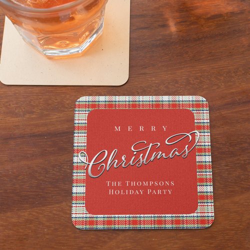 Merry Christmas Calligraphy Script Cute Red Plaid Square Paper Coaster