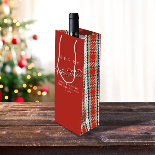 Merry Christmas Calligraphy Script Cute Red Plaid Wine Gift Bag