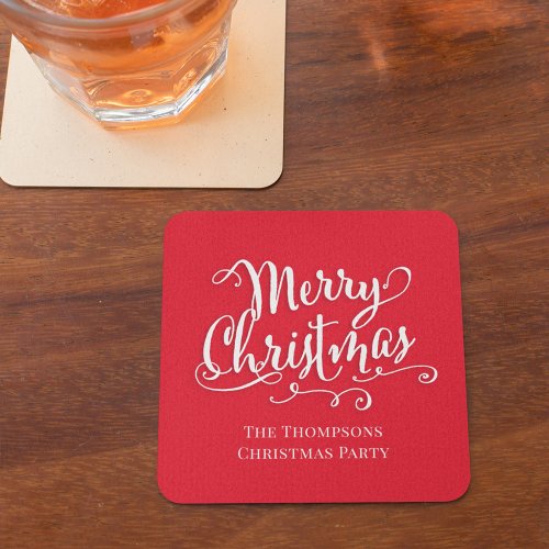 Merry Christmas Calligraphy Script Cute Red Simple Square Paper Coaster