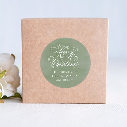 Merry Christmas Calligraphy Script Green Classic Round Sticker
