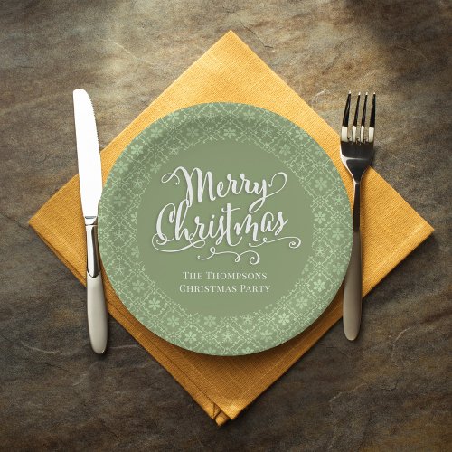 Merry Christmas Calligraphy Script Green Snowflake Paper Plates